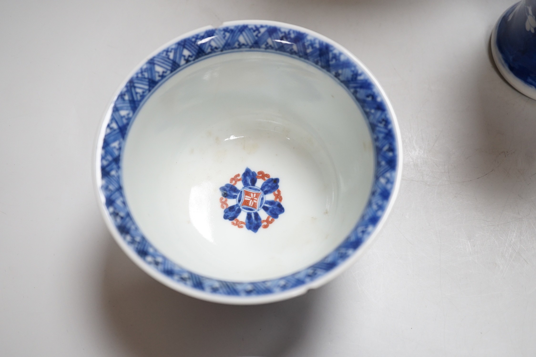 A Chinese prunus vase, 20cm, two Imari vases and a pair of Chinese bowls